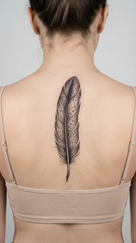 Raven feather spine tattoo dark feminine
