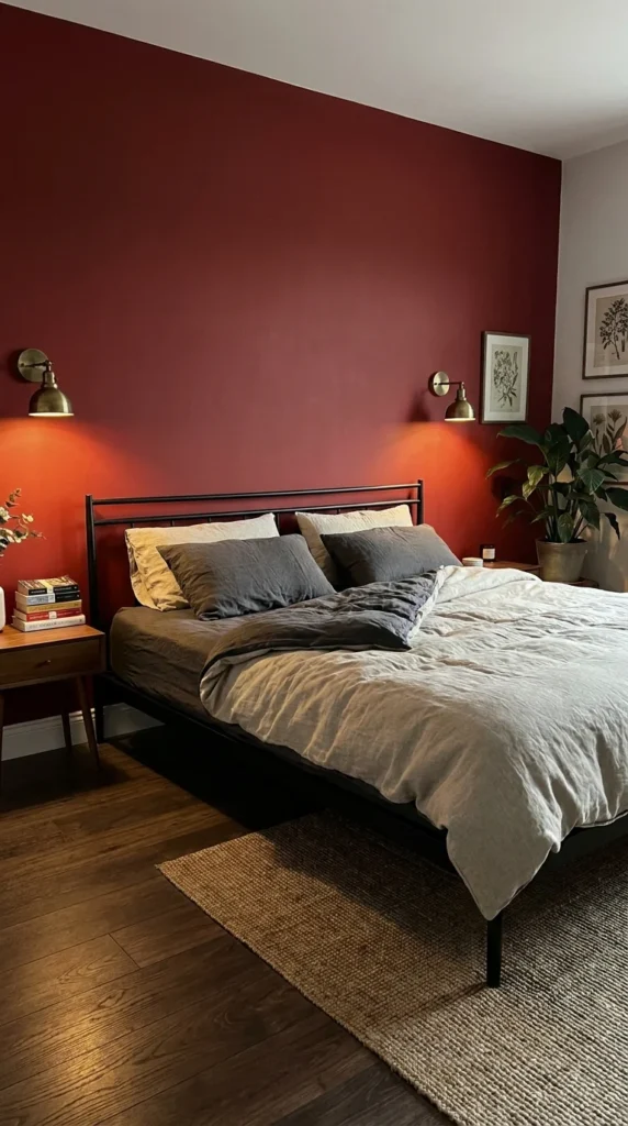 Red accent wall bedroom black furniture