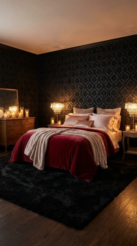 Red black bedroom ideas women floral wallpaper
