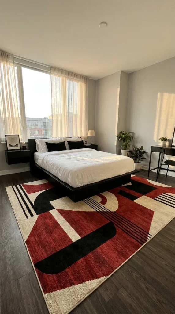 Red black geometric bedroom rug