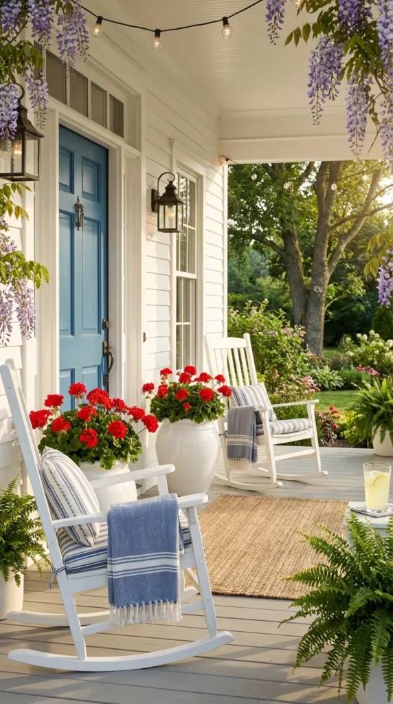 Red geraniums patriotic porch planters