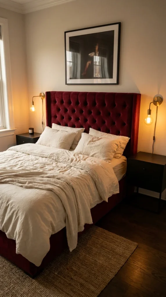 Red headboard black master bedroom