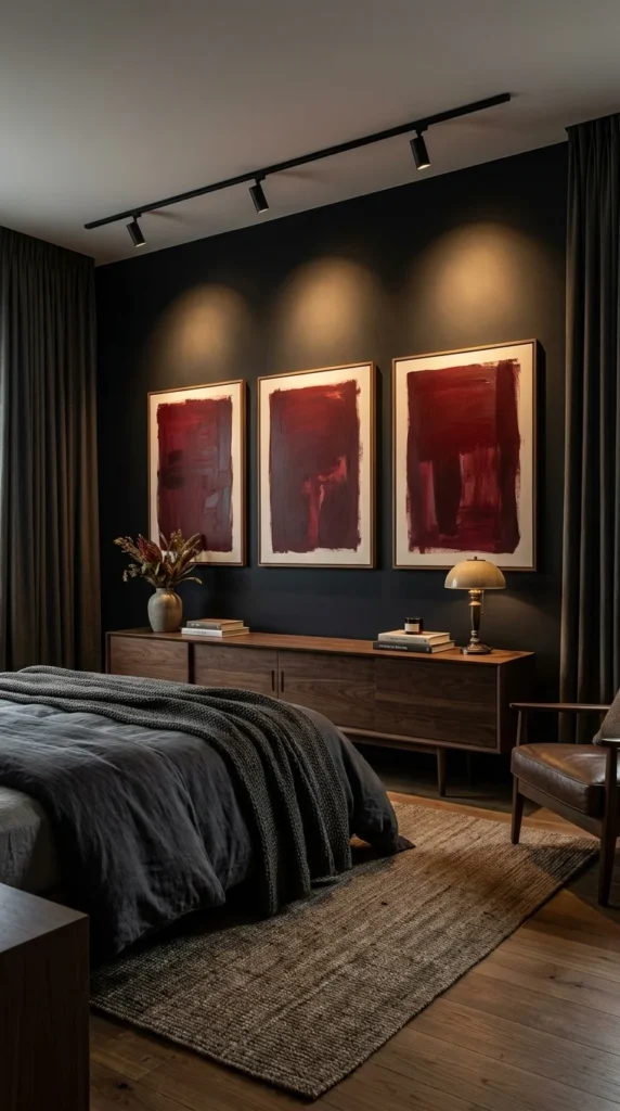 Red wall art black bedroom decor