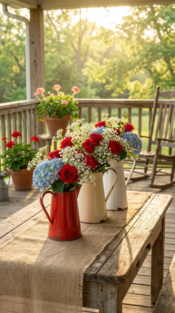 Red white blue flower arrangement vintage pitcher