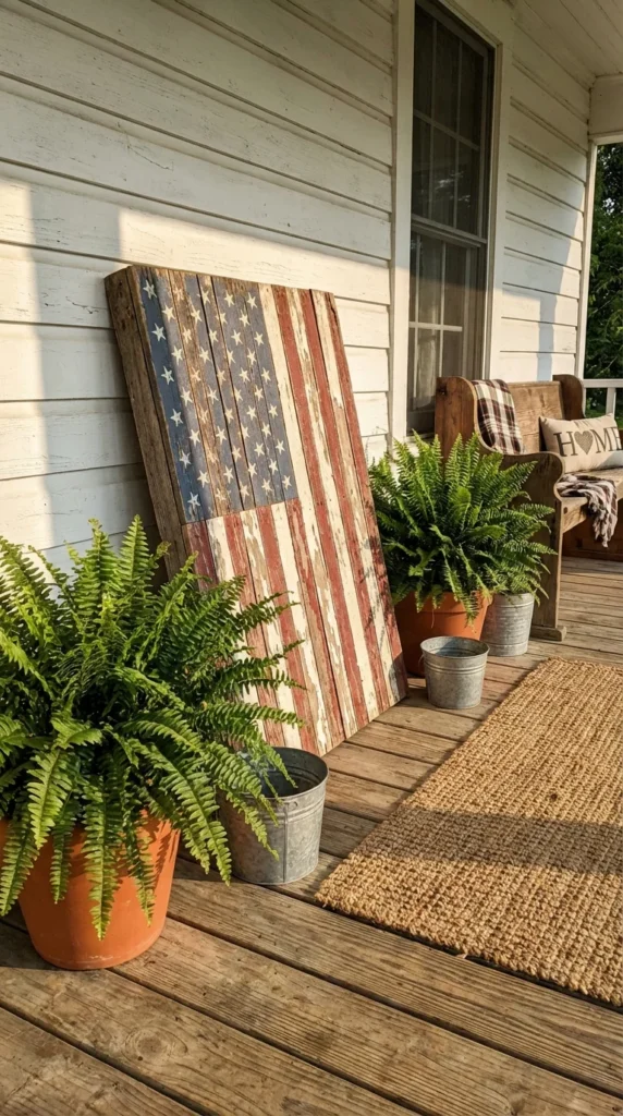Rustic wooden American flag porch sign