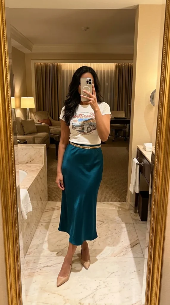 Satin skirt vacation outfit all body types