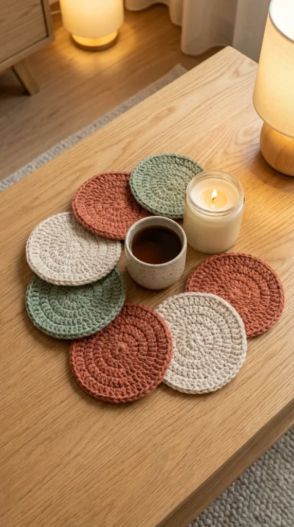Scrap yarn crochet coasters reusable