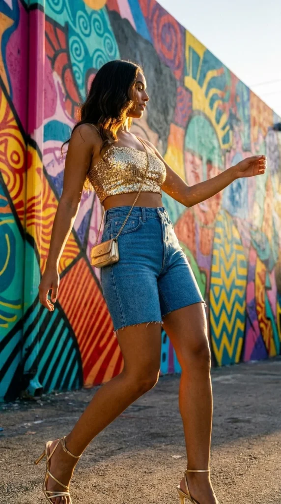 Sequin crop top Miami street style denim
