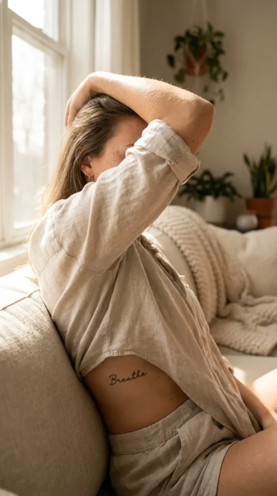 Single word fine line tattoo ribs