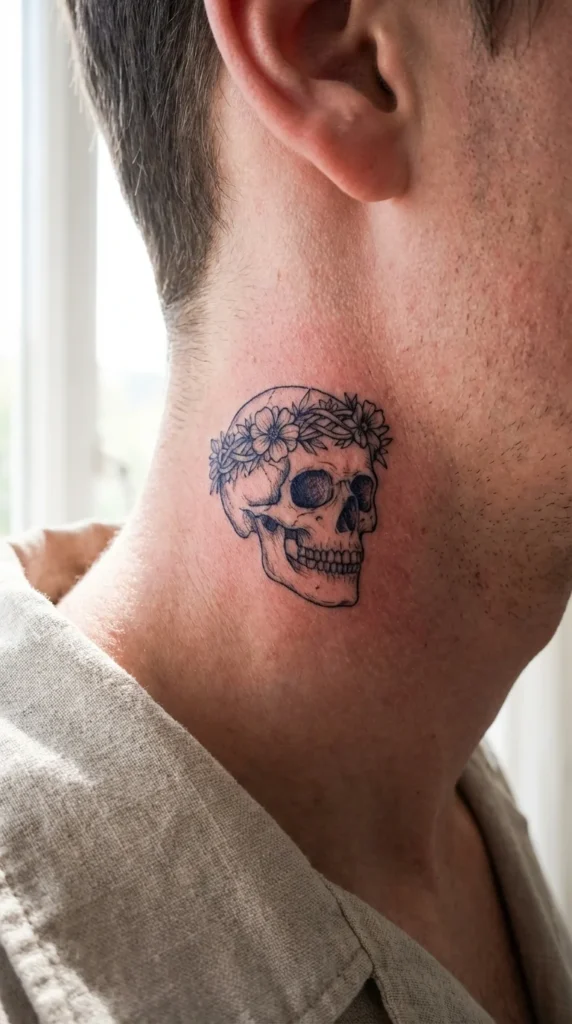 Skull side neck tattoo
