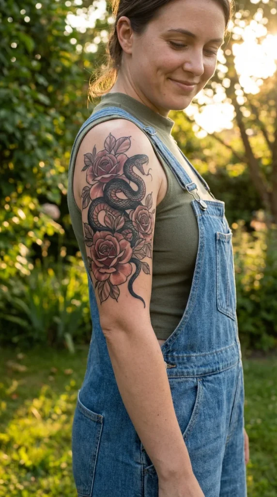 Snake and roses sleeve tattoo women