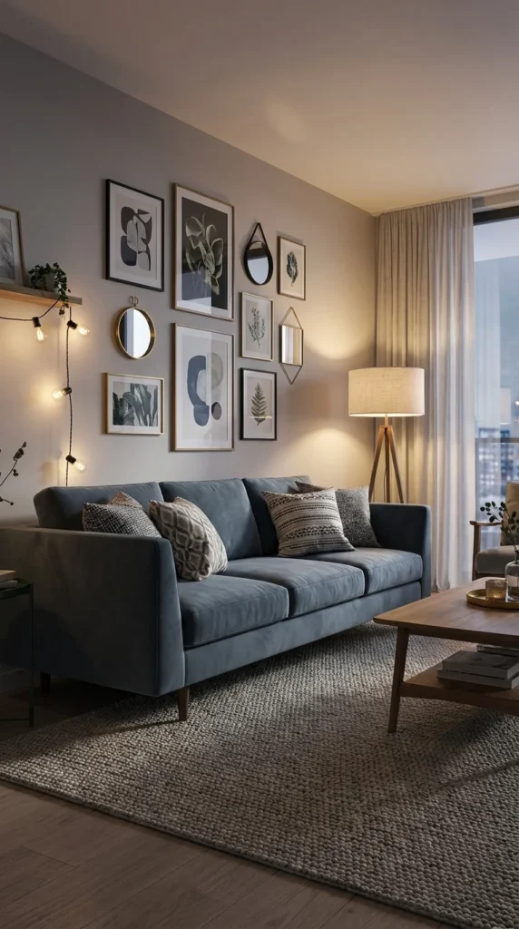 Steel blue sofa gallery wall