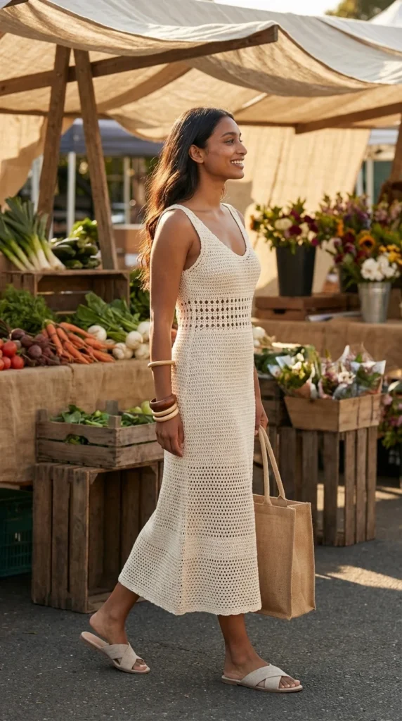 Sustainable handmade crochet dress cream