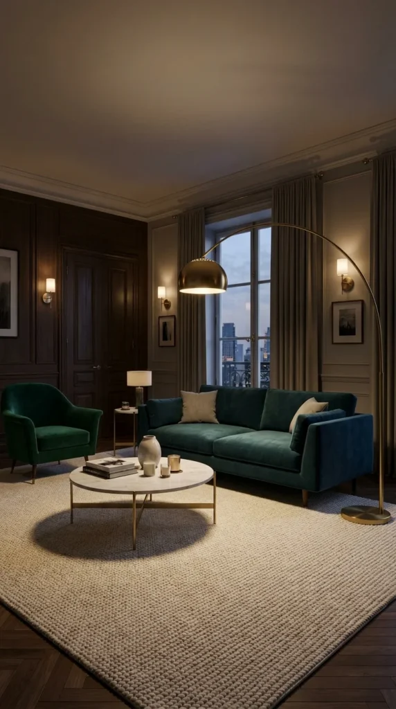 Teal couch living room brass accents