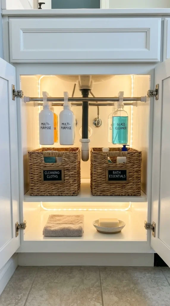 Under sink storage tension rod