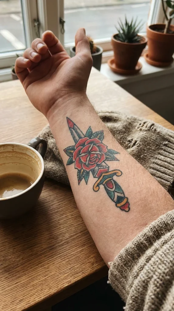 Vintage old school forearm tattoo rose