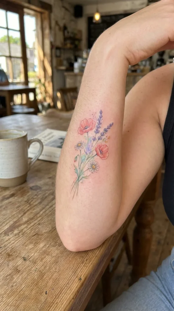 Watercolor floral forearm tattoo
