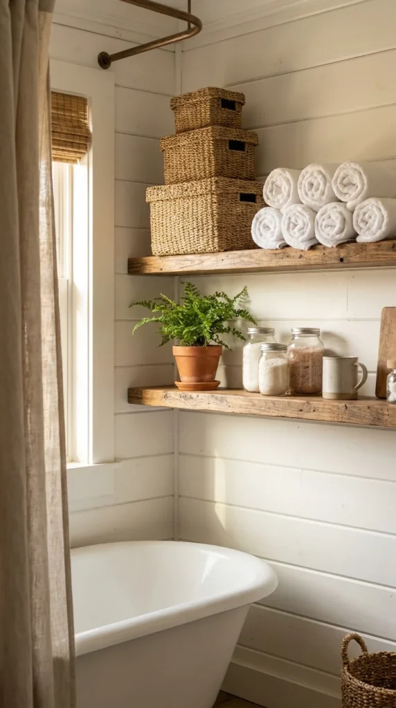 Woven baskets bathroom shelving