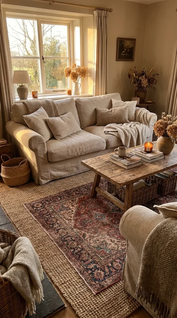 Woven jute rug country living room