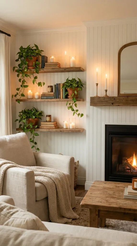 beadboard wainscoting with open shelving