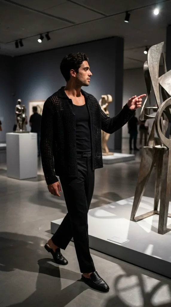 black crochet shirt men edgy