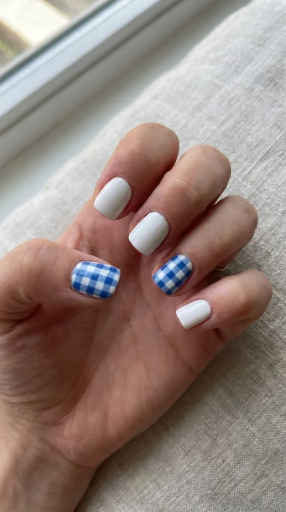 blue gingham patriotic nails