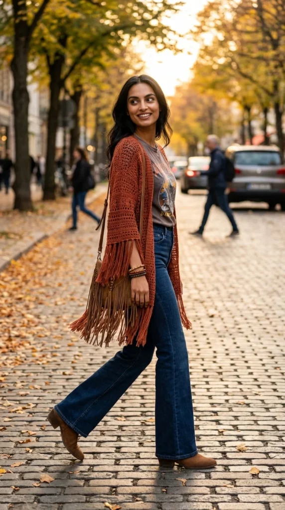 boho crochet cardigan fall outfit