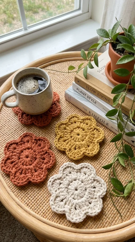 boho crochet flower coaster set