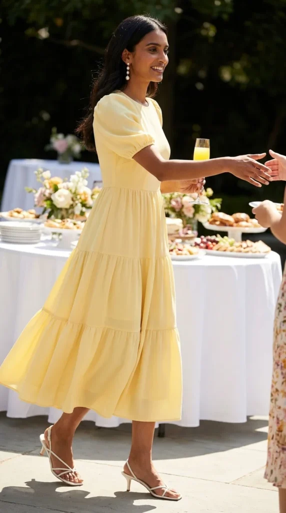 butter yellow tiered midi dress