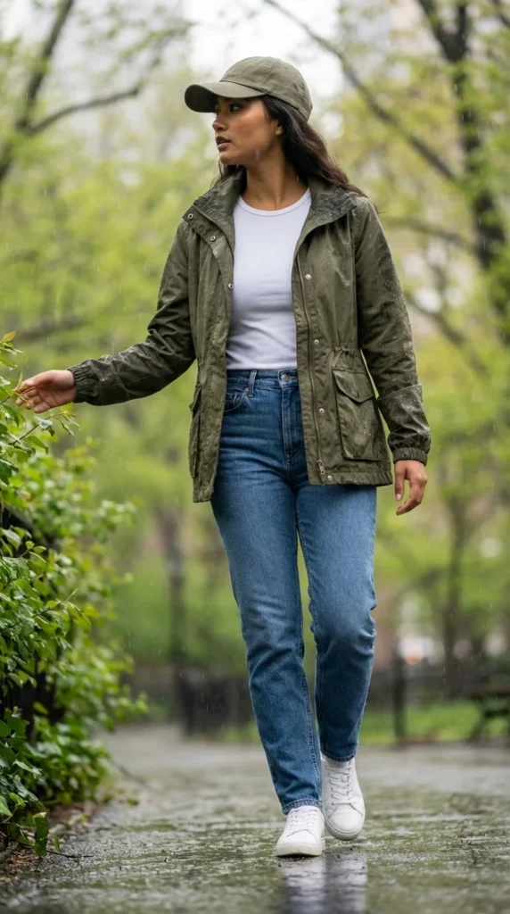 casual spring rainy day outfit sneakers