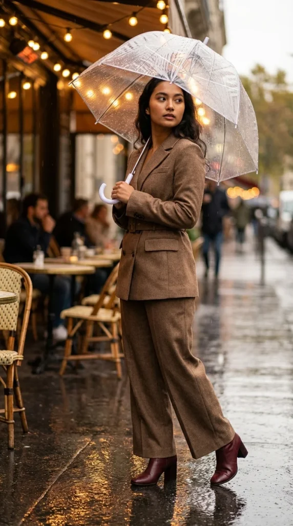 chic rainy day outfit spring brunch