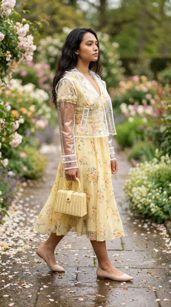 clear raincoat outfit spring midi dress