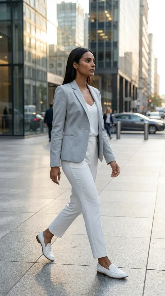 collarless blazer white trousers women office