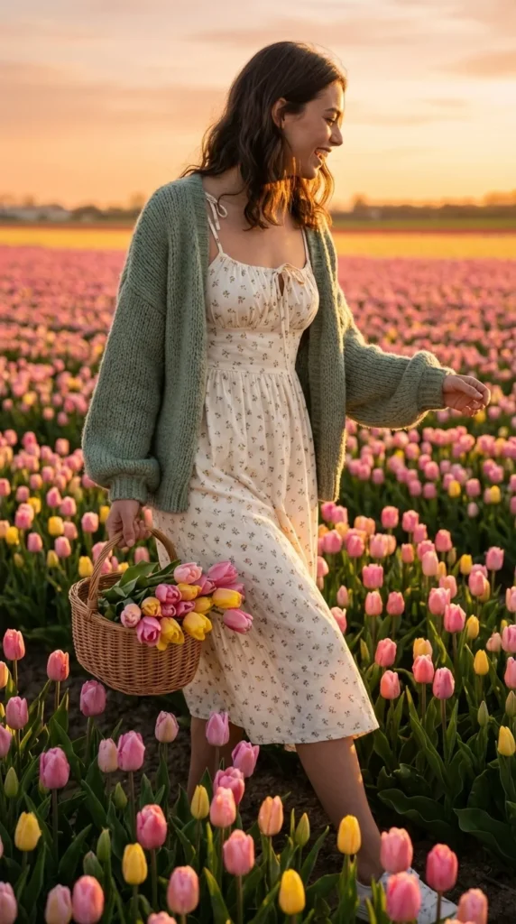 cottagecore spring outfit tulip farm