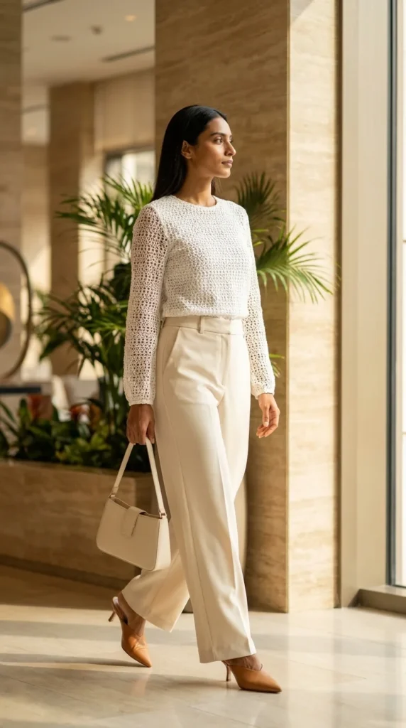 crochet blouse tailored trousers office women