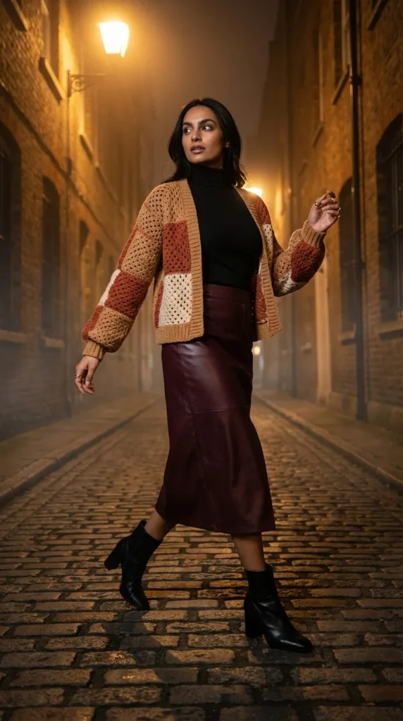 crochet cardigan fall outfit leather skirt