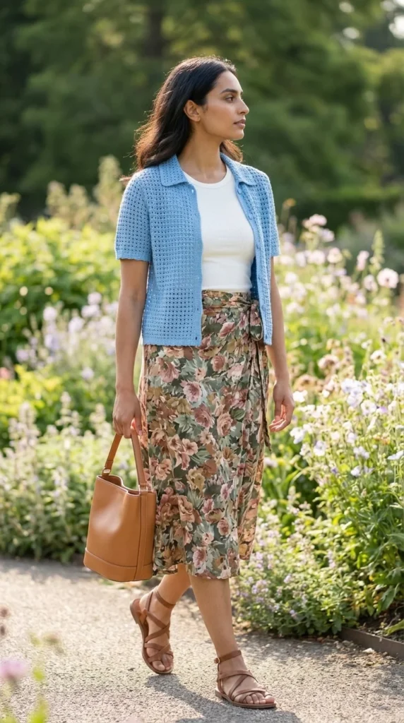 crochet cardigan spring outfit midi skirt