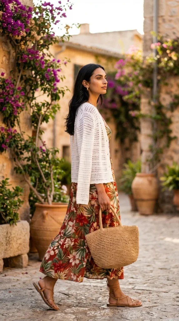 crochet cardigan with dress floral maxi