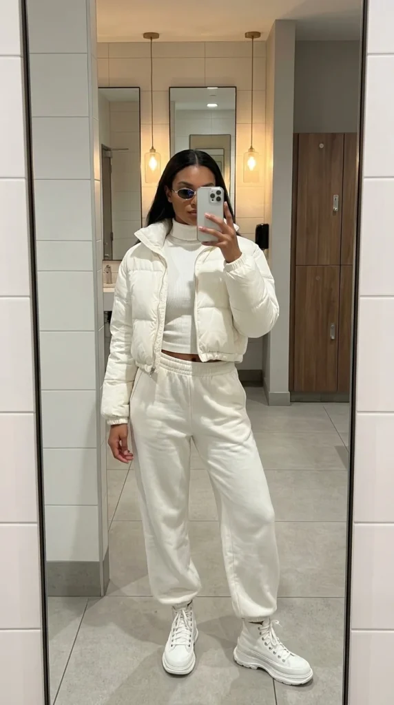 cropped puffer sweatpants winter baddie outfit
