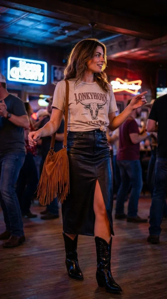 graphic western tee leather skirt cowgirl