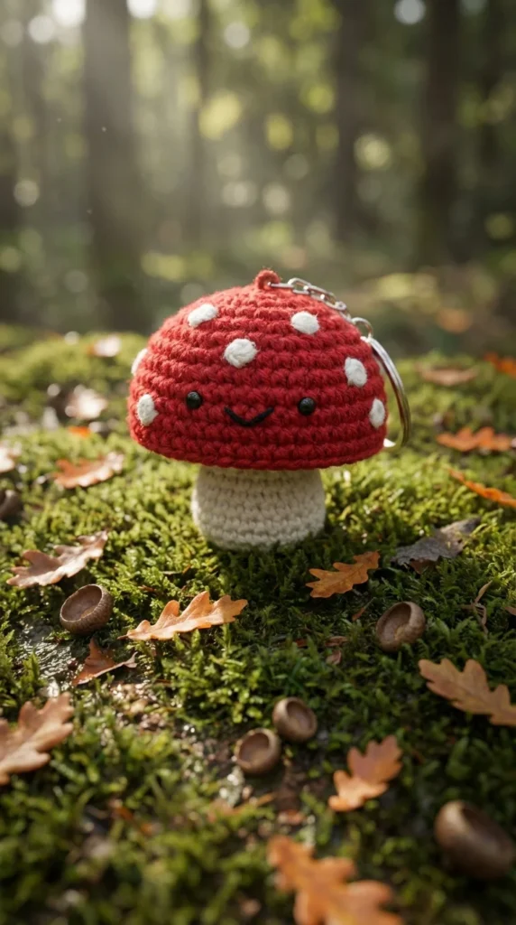 kawaii crochet mushroom keychain