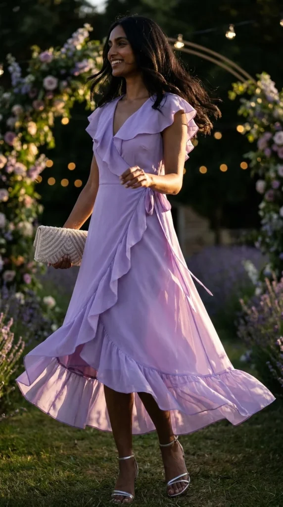 lavender ruffle dress wedding guest