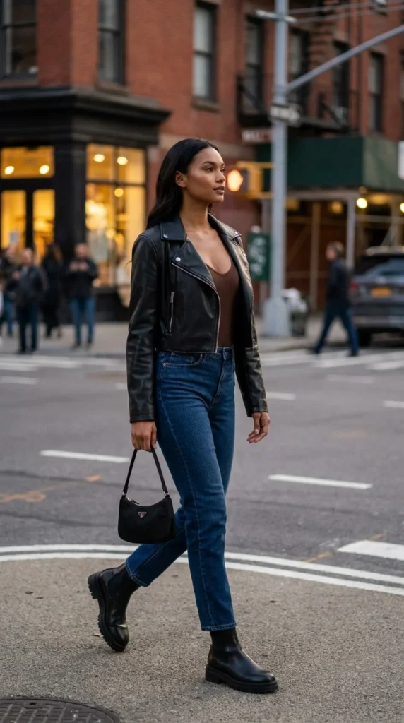 leather jacket bodysuit urban baddie outfit