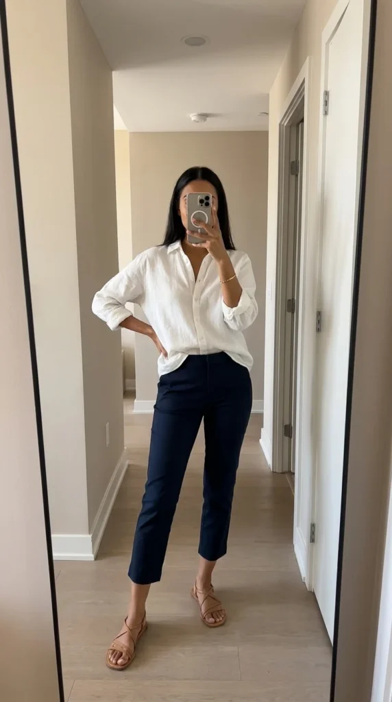 linen blouse capri pants casual Friday office