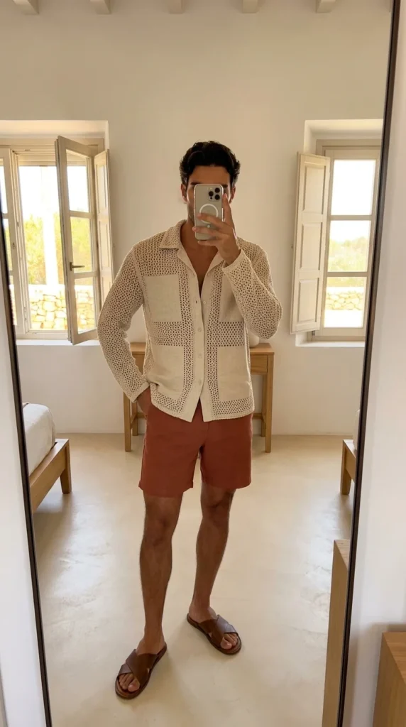linen crochet resort shirt men
