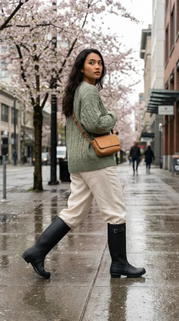 linen wide leg pants rain boots spring
