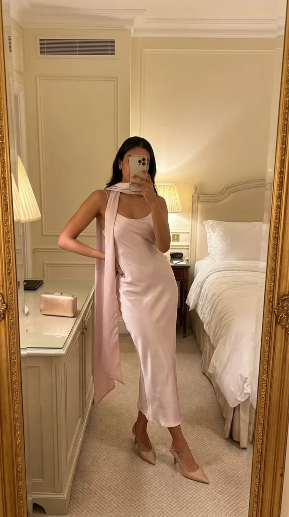 pastel pink scarf neck dress