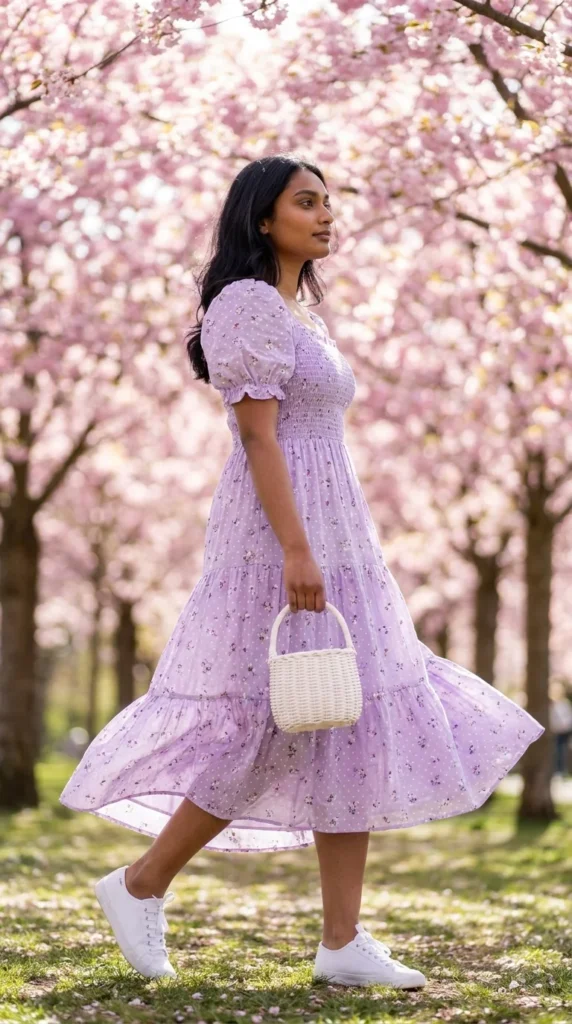 polka dot spring midi dress outfit