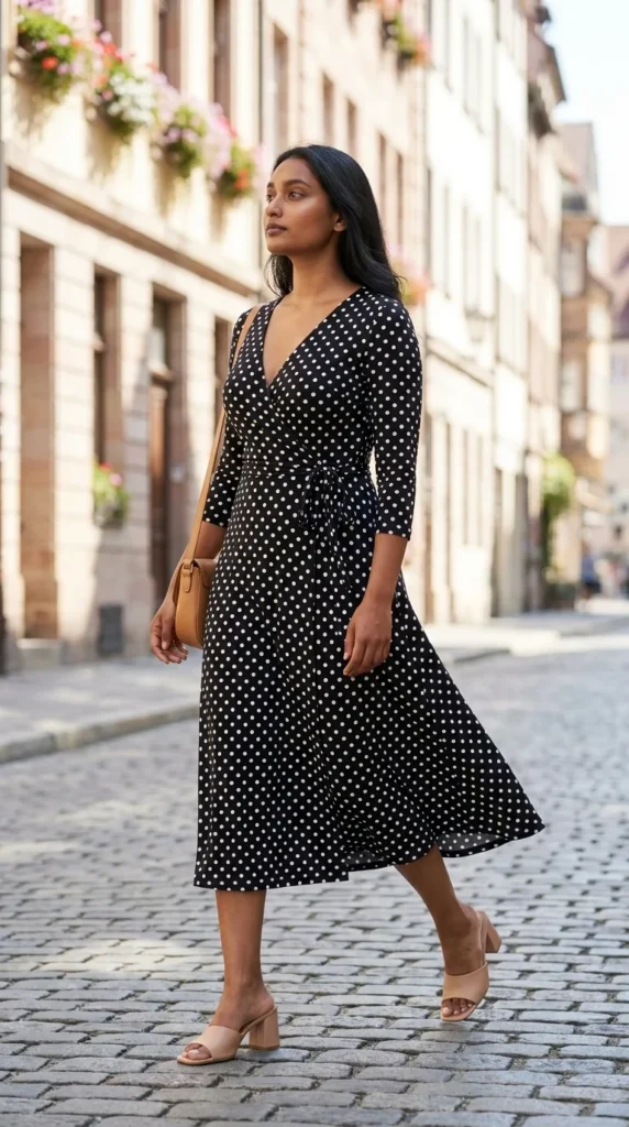 polka dot wrap dress outfit