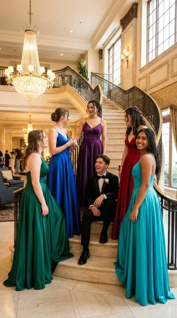 prom group poses staircase friends